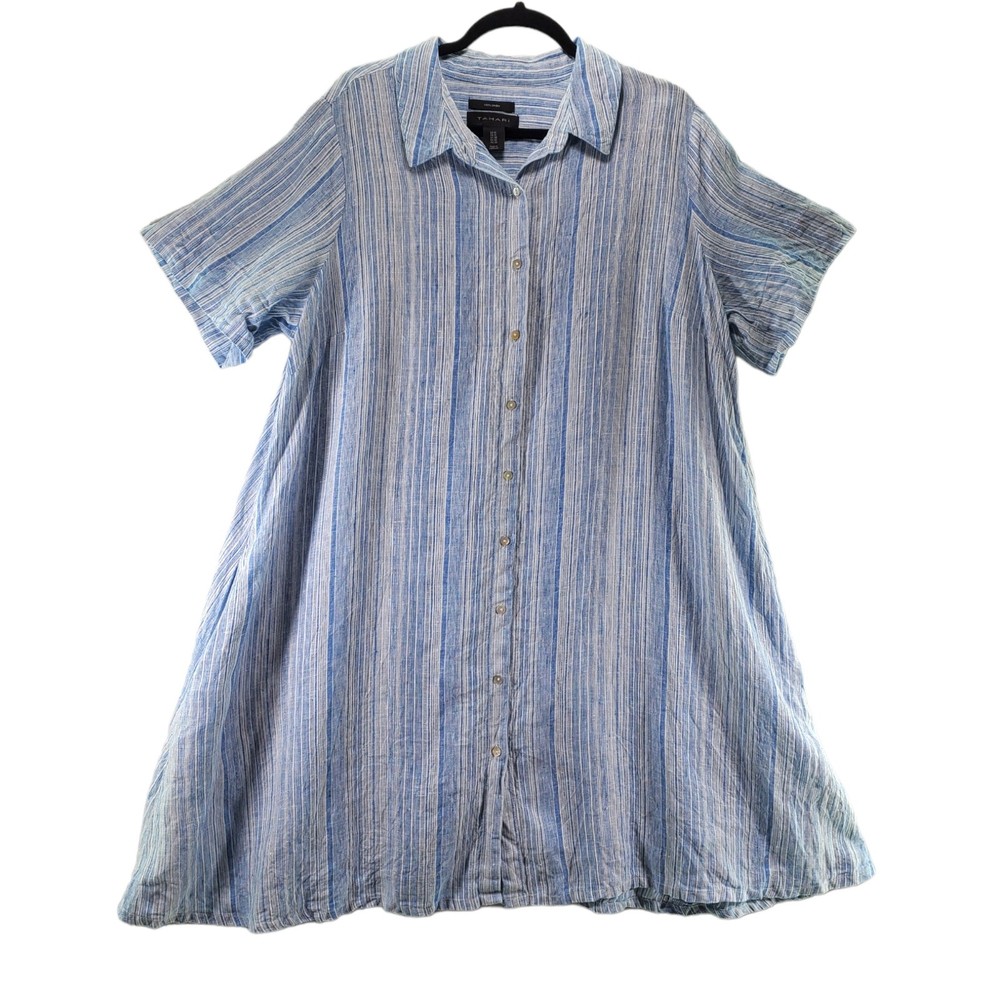 Tahari 1X Linen Shirt Dress Button Up Short Sleeve Pockets Blue White Stripes